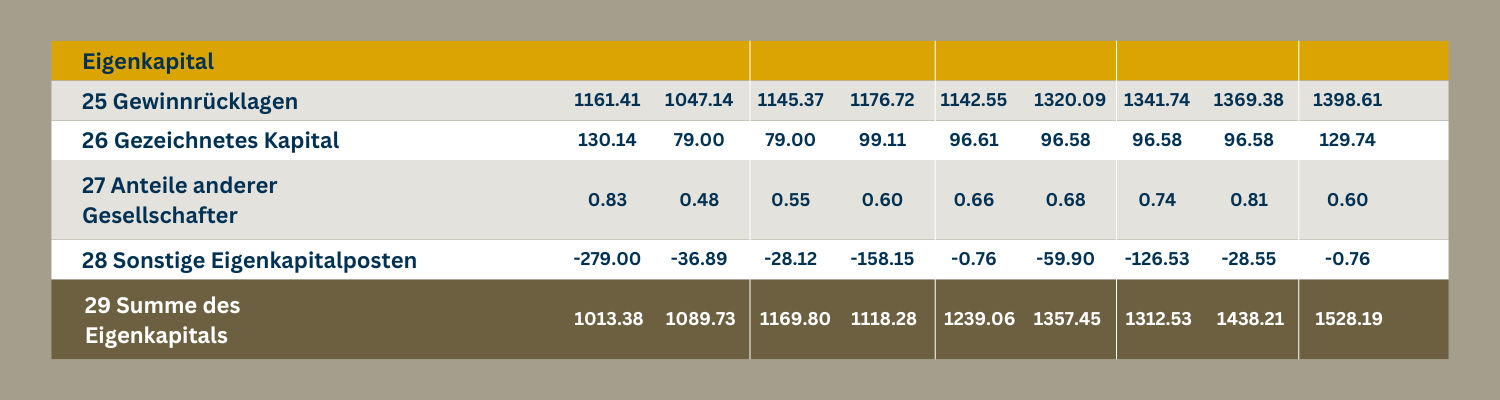 Das Bild zeigt eine Tabelle mit Daten zu Eigenkapital. Die Tabelle enthält verschiedene Zeilen mit verschiedenen Arten von Eigenkapital und Spalten mit verschiedenen Zeitpunkten. Die Zahlen in der Tabelle sind wahrscheinlich finanzielle Kennzahlen und zeigen den Wert des Eigenkapitals zu den verschiedenen Zeitpunkten.