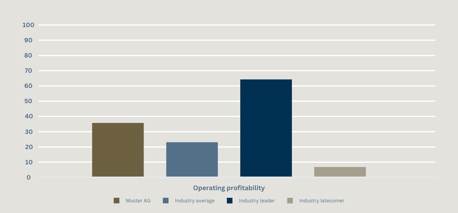 A bar chart is given in a coordinate system. The x-axis is scaled in steps of ten from 0 - 100. Again, four bars are given. The first bar reflects the model company and extends to approx. 37. The second bar reflects the industry average and extends to approx. 22. The third bar reflects the industry leaders and extends to approx. 63. The fourth and final bar reflects the industry laggards and extends to approx. 6.