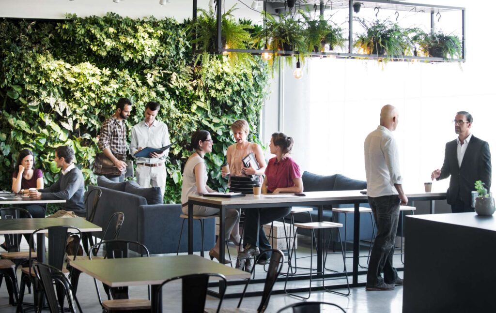 Several people are standing in a bright, modern room and talking. One wall is completely overgrown with green plants, the other side of the wall consists of a large window.